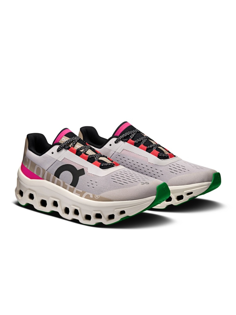 On Running Women's Cloudmonster Lace-Up Sneakers in Light Gray/Pink/Green